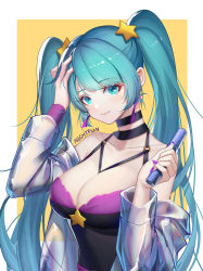 Rule 34 | 1girl, artist name, bare shoulders, black choker, blue eyes, blue hair, breasts, choker, earrings, hair ornament, hand on own head, highres, holding, jewelry, large breasts, league of legends, looking at viewer, nail polish, see-through, smile, sona (league of legends), star (symbol), star hair ornament, wristband, yellow background