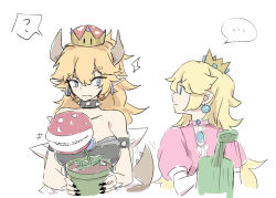 Rule 34 | 2girls, armlet, bare shoulders, blonde hair, bowsette, comic, commentary request, fingernails, flower pot, holding, holding flower pot, horns, long hair, mario (series), multiple girls, nejikyuu, new super mario bros. u deluxe, nintendo, princess peach, puffy short sleeves, puffy sleeves, sharp fingernails, short sleeves, silent comic, sketch, spiked armlet, super crown, white background