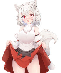 Rule 34 | 1girl, animal ears, black skirt, breasts, clothes lift, detached sleeves, fang, hat, inubashiri momiji, large breasts, lifted by self, looking at viewer, open mouth, pom pom (clothes), red eyes, red skirt, rururiaru, shirt, short hair, skin fang, skirt, skirt hold, skirt lift, solo, tail, tokin hat, touhou, white background, white shirt, wolf ears, wolf tail