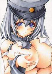 Rule 34 | 10s, 1girl, akitsu maru (kancolle), black hair, blue eyes, blush, breast lift, breasts, colored eyelashes, covering privates, covering breasts, frown, hat, huge breasts, kantai collection, looking at viewer, marker (medium), millipen (medium), no bra, peaked cap, raised eyebrows, short hair, simple background, slit pupils, solo, tears, torn clothes, traditional media, uneven eyes, white background, yutakasan-love