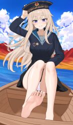 Rule 34 | 1girl, absurdres, ak74m (girls&#039; frontline), arm up, bare legs, barefoot, blonde hair, blush, boat, cloud, day, feet, girls&#039; frontline, grin, hand on headwear, hat, highres, long hair, looking at viewer, outdoors, panties, pantyshot, parted lips, purple eyes, simobulanka, sitting, sky, smile, soles, solo, toes, underwear, watercraft