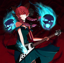 Rule 34 | 1girl, animal ears, bare shoulders, braid, cat ears, choker, dress, electric guitar, extra ears, fuoco, gibson, gibson flying v, guitar, highres, instrument, kaenbyou rin, long hair, pointy ears, red eyes, red hair, skull, solo, touhou, twin braids