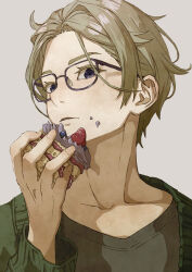 Rule 34 | 1boy, absurdres, brown shirt, cake, cardigan, collarbone, eyelashes, fingernails, food, food on face, glasses, green cardigan, grey background, highres, holding, holding cake, holding food, looking at viewer, male focus, meihachiya, original, parted lips, shirt, short hair, simple background, solo, upper body