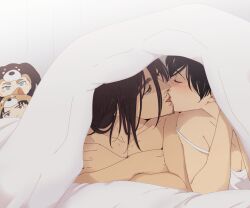 Rule 34 | 1girl, 3boys, black hair, blue eyes, blush, breasts, brown hair, camisole, chibi, cleavage, closed eyes, eren yeager, erwin smith, french kiss, frown, green eyes, half-closed eyes, hanpetos, hetero, kiss, levi (shingeki no kyojin), medium breasts, medium hair, mikasa ackerman, multiple boys, shingeki no kyojin, short hair, tongue, tongue out, under covers, white camisole
