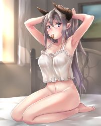 Rule 34 | 1girl, adjusting hair, armpits, bare arms, bare shoulders, barefoot, bed, bed sheet, bedroom, blue eyes, blush, bottomless, breasts, camisole, cleavage, collarbone, curtains, day, frills, full body, grey hair, hands in hair, horns, indoors, light rays, long hair, looking at viewer, magu (mugsfc), medium breasts, mouth hold, navel, on bed, original, painting (object), pointy ears, see-through, seiza, sitting, solo, stomach, sunlight, thighs, toes, tsurime, tying hair, very long hair, window