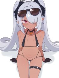 Rule 34 | 1girl, :o, absurdres, belt, bikini, black belt, black bikini, black gloves, black halo, blue archive, breasts, collarbone, commentary, eyewear on head, gloves, grey hair, hair over one eye, halo, highres, iori (blue archive), iori (swimsuit) (blue archive), lk149, looking at viewer, navel, official alternate costume, pointy ears, red eyes, small breasts, solo, sunglasses, swimsuit, twintails