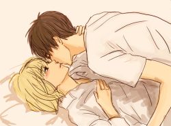 Rule 34 | 2boys, armin arlert, bed, blonde hair, eren yeager, closed eyes, hand on chest, hand on neck, incipient kiss, multiple boys, shingeki no kyojin, simple background, yaoi