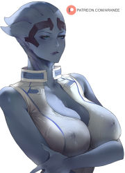 Rule 34 | 1girl, alien, araneesama, asari (mass effect), bare shoulders, biting own lip, blue eyes, blue lips, blue skin, bodysuit, breasts, cleavage, colored skin, covered erect nipples, crossed arms, half-closed eyes, highres, large breasts, liara t&#039;soni, lipstick, makeup, mass effect (series), mass effect 1, nipples, patreon logo, patreon username, simple background, solo, standing, weapon, white background