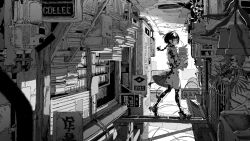 Rule 34 | 1girl, air conditioner, blunt bangs, bookshelf, braid, braided ponytail, building, ceiling, coat, cross-laced clothes, eyepatch, from side, greyscale, highres, holding, industrial pipe, long hair, long sleeves, looking away, monochrome, one eye covered, original, pantyhose, plant, potted plant, shoes, single braid, skirt, solo, stairs, surreal, tassel, upside-down, walking, window, yoneyama mai