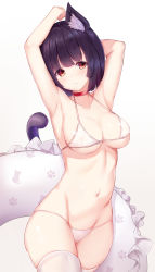 Rule 34 | 1girl, airool, animal ear fluff, animal ears, armpits, arms up, azur lane, bare arms, bare shoulders, bikini, black hair, blush, breasts, brown background, cat ears, cat girl, cat tail, choker, cleavage, closed mouth, collarbone, commentary request, frilled innertube, gradient background, head tilt, highres, innertube, medium breasts, navel, red choker, red eyes, revision, short hair, skindentation, solo, swim ring, swimsuit, tail, tail raised, thighhighs, white background, white bikini, white innertube, white thighhighs, yamashiro (azur lane)
