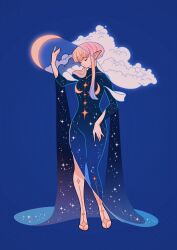 Rule 34 | blonde hair, blue background, blue dress, closed eyes, cloud, crescent, crescent hat ornament, crescent moon, dress, gradient hair, hat, hat ornament, highres, large hat, layered sleeves, long dress, long sleeves, meyoco, moon, multicolored hair, original, pink hair, pointy ears, see-through, short hair, short hair with long locks, side slit, simple background, star (sky), star (symbol), two-tone hair, wide brim, yellow footwear
