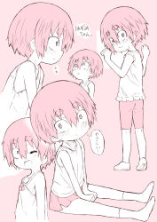 Rule 34 | 1girl, bike shorts, blush, child, female focus, highres, looking at viewer, monochrome, one eye closed, original, pink theme, profile, shimo-san, short hair, sitting, skirt, sleeveless, solo, thick eyebrows, v arms
