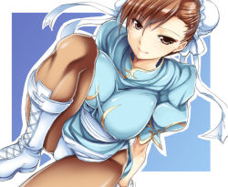Rule 34 | 1girl, boots, breasts, brown eyes, brown hair, bun cover, capcom, china dress, chinese clothes, chun-li, double bun, dress, knee boots, large breasts, leg up, legs, mushi024, panties, pantyhose, pelvic curtain, short hair, smile, solo, street fighter, thick thighs, thighs, underwear