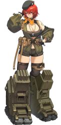 Rule 34 | 1girl, 2v (joyeong), :&lt;, arm behind head, belt, belt pouch, beret, black gloves, black shorts, black thighhighs, breasts, brown belt, character name, cleavage, cleavage cutout, closed mouth, clothing cutout, dog tags, earrings, full body, game cg, gloves, green hat, green jacket, hair between eyes, hat, highres, jacket, jewelry, large breasts, last origin, linea alba, looking at viewer, mechanical boots, military hat, military jacket, military uniform, mole, mole on breast, nashorn (last origin), navel, off-shoulder jacket, off shoulder, official art, open clothes, open jacket, pouch, red hair, scarf, short hair, short shorts, shorts, shoulder tattoo, simple background, skindentation, solo, standing, tachi-e, tank top, tattoo, thigh pouch, thighhighs, third-party source, transparent background, treadmill, uniform, wrist belt, yellow eyes, yellow scarf