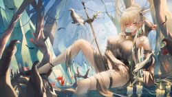 Rule 34 | 1girl, ankle strap, arknights, bare shoulders, barefoot, bird, black one-piece swimsuit, blonde hair, blush, breasts, candle, casual one-piece swimsuit, crow, day, detached sleeves, highres, horn ornament, horns, infection monitor (arknights), large breasts, long hair, long sleeves, looking at viewer, official alternate costume, one-piece swimsuit, outdoors, parted lips, pointy ears, ponytail, red eyes, rock, shining (arknights), shining (silent night) (arknights), sidelocks, sitting, soaking feet, solo, swimsuit, thighlet, turbulence, very long hair, water