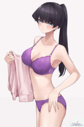 Rule 34 | 1girl, absurdres, black hair, blue eyes, bra, breasts, cleavage, closed mouth, collarbone, commentary, from side, highres, holding, holding clothes, holding shirt, komi-san wa komyushou desu, komi shouko, lace, lace-trimmed bra, lace-trimmed panties, lace trim, large breasts, long hair, looking at viewer, looking to the side, navel, panties, purple bra, purple panties, shirt, signature, simple background, solo, stomach, underwear, underwear only, white background, yuhi (yuhi atb26)