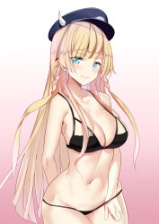 Rule 34 | 1girl, alternate costume, arm behind back, azur lane, bare shoulders, bikini, black bikini, black hat, blonde hair, blue eyes, blush, braid, breasts, collarbone, commentary request, contrapposto, gradient background, groin, hat, highres, kongou (azur lane), large breasts, lips, long hair, looking at viewer, military hat, navel, peaked cap, schreibe shura, sidelocks, smile, solo, standing, stomach, swimsuit, thighs, twin braids, very long hair