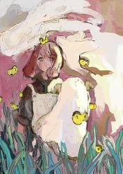 Rule 34 | 1girl, apron, black shirt, brown hair, bug, butterfly, cloud, grass, highres, insect, insect on head, looking at viewer, medium hair, no mouth, no nose, original, shirt, solo, u n 00, upper body, white apron, yellow butterfly