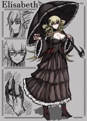 Rule 34 | 1girl, black bow, black footwear, black souls, black umbrella, blonde hair, bow, breasts, character name, cup, detached collar, dress, drill hair, drinking glass, elisabeth (black souls), frilled dress, frills, full body, grey background, grin, hair bow, highres, holding, holding cup, holding umbrella, koshou shou mitsu, large breasts, long sleeves, looking at viewer, multiple views, parted lips, red eyes, simple background, smile, twin drills, umbrella, victorian, wide sleeves, wine glass