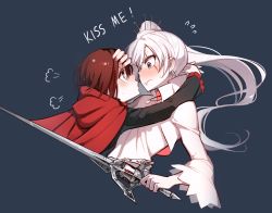 Rule 34 | !, 2girls, assertive female, black dress, black hair, blue eyes, blush, cape, capelet, cropped torso, dress, embarrassed, english text, eye contact, face-to-face, grey eyes, hand on another&#039;s head, holding sword, hug, kuma (bloodycolor), long sleeves, looking at another, multiple girls, ponytail, red cape, ruby rose, rwby, scar, short hair, sweatdrop, sword, text focus, wavy mouth, weapon, weiss schnee, white dress, white hair