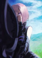 Rule 34 | 1girl, absurdres, armor, armored dress, artist request, bad id, bad pixiv id, bare shoulders, black gloves, blue sky, chromatic aberration, closed mouth, cloud, cloudy sky, commentary request, day, elbow gloves, expressionless, eyelashes, eyes visible through hair, fate/grand order, fate (series), gloves, grass, hair over one eye, head tilt, high collar, highres, hill, holding, holding shield, kururi (9ruri), light purple hair, mash kyrielight, outdoors, purple eyes, shade, shield, short hair, sky, solo, standing, swept bangs, two-handed, v arms