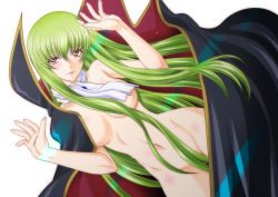 Rule 34 | 1girl, ascot, breasts, brown eyes, c.c., cape, cleavage, code geass, cosplay, green hair, hair censor, kaname aomame, long hair, looking at viewer, naked cape, nude, parted lips, simple background, solo, very long hair, white ascot, white background, zero (code geass), zero (code geass) (cosplay)