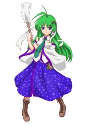 Rule 34 | 1girl, ahoge, arm grab, blue dress, blue eyes, boots, bras d&#039;honneur, cross-laced footwear, dress, full body, green hair, highres, japanese clothes, kochiya sanae, lace-up boots, long hair, miko, mystical power plant, necktie, nontraditional miko, smile, solo, teitoku, touhou, transparent background, white background