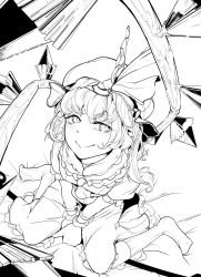 Rule 34 | 1girl, bow, brooch, crystal, flandre scarlet, frilled shirt, frilled shirt collar, frills, greyscale, hat, hi you (flying bear), highres, jewelry, medium hair, mob cap, monochrome, perspective, ribbon, shirt, short sleeves, solo, touhou, wings, wrist cuffs