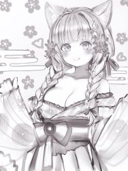 Rule 34 | 1girl, absurdres, animal ear fluff, animal ears, antenna hair, bare shoulders, blunt bangs, blush, braid, breasts, collarbone, floral print, flower, greyscale, hair flower, hair ornament, hairclip, hakui koyori, heart, hexagon hair ornament, highres, hololive, japanese clothes, kimono, large breasts, long hair, long sleeves, looking at viewer, monochrome, nanashi (nlo), off shoulder, print kimono, simple background, smile, solo, twin braids, virtual youtuber, wide sleeves, wolf ears