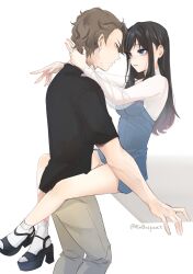 Rule 34 | 1boy, 1girl, black hair, black shirt, blue dress, blue eyes, blush, breasts, brown hair, carrot (robosquat), commentary, couple, dress, eye contact, hand on another&#039;s neck, hetero, highres, leg lock, light smile, long hair, looking at another, original, parted lips, platform footwear, platform heels, see-through, see-through sleeves, shirt, sitting, small breasts, socks, white socks