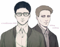 Rule 34 | 2boys, black hair, brown hair, buttons, collared shirt, detective lee (killing stalking), english text, glasses, jacket, killing stalking, looking at another, looking to the side, male focus, multiple boys, shirt, short sleeves, user xjwp8435, yang seungbae