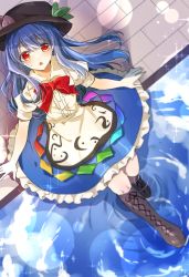 Rule 34 | 1girl, apron, black hat, blue hair, blue skirt, blush, boots, brown footwear, buttons, collared shirt, cross-laced footwear, food, frilled skirt, frills, fruit, hat, highres, hinanawi tenshi, hoshi lingdang, in water, knee boots, lace-up boots, long hair, looking at viewer, looking up, necktie, open mouth, peach, red eyes, red necktie, shirt, short sleeves, sitting, skirt, solo, tile floor, tiles, touhou, water