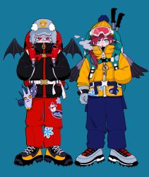 Rule 34 | 2boys, backpack, bag, bat wings, beanie, black footwear, black jacket, black wings, blue background, blue headwear, blue pants, boots, bright pupils, cigarette, covered mouth, fashion, feathered wings, full body, fur hat, gloves, goggles, goggles on headwear, grey footwear, grey wings, hand in pocket, hands in pockets, hat, high collar, highres, hiking pole, jacket, kuzuha (nijisanji), lauren iroas, looking ahead, looking at viewer, male focus, multiple boys, nasi w2, nijisanji, pants, partially unzipped, red bag, red eyes, red hair, red pants, simple background, smoke trail, smoking, standing, sticker on clothes, too many stickers, ushanka, white gloves, white pupils, wings, winter clothes, yellow headwear, yellow jacket, zipper