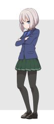 Rule 34 | 1girl, aoba moca, bang dream!, black footwear, black pantyhose, blazer, blue bow, blue bowtie, blue jacket, blush, bow, bowtie, crossed arms, full body, green skirt, grey background, jacket, loafers, long sleeves, looking at viewer, miniskirt, pantyhose, pleated skirt, school uniform, shipii (jigglypuff), shoes, short hair, simple background, skirt, solo