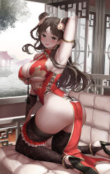 Rule 34 | 1girl, absurdres, arm up, armlet, armpits, ass, bare shoulders, black eyes, black footwear, black hair, black thighhighs, blush, braid, breasts, character request, china dress, chinese clothes, commentary request, copyright request, double bun, dress, earrings, flower, from behind, hair bun, hair flower, hair ornament, high heels, highres, jewelry, kneeling, large breasts, long hair, looking at viewer, looking back, open mouth, red dress, sleeveless, sleeveless dress, smile, solo, thighhighs, thighs, underboob, uo denim, water