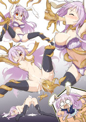 Rule 34 | 1girl, animal ears, black legwear, blush, bra, breasts, chibi, commentary request, commission, crying, cum, cum in pussy, closed eyes, futa (nabezoko), highres, large breasts, long hair, one eye closed, oral, panties, purple bra, purple hair, purple panties, rabbit ears, red eyes, reisen udongein inaba, skeb commission, skirt, tentacles, testicle sucking, touhou, trembling, underwear, vaginal