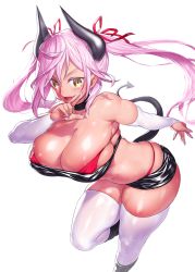 Rule 34 | 1girl, absurdres, bikini, bikini under clothes, blush, boots, breasts, bridal gauntlets, cleavage, dark-skinned female, dark skin, demon girl, demon horns, demon tail, fang, fingernails, gloves, hair ribbon, highres, horns, large breasts, long fingernails, long hair, looking at viewer, nail polish, navel, onsoku inu, open mouth, original, pink hair, red bikini, ribbon, short shorts, shorts, simple background, smile, solo, swimsuit, tail, thighhighs, twintails, white background, white gloves, white thighhighs, yellow eyes