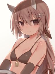 Rule 34 | 1girl, animal ears, bare shoulders, bikini, blush, breasts, brown background, brown bikini, brown eyes, brown gloves, brown hair, closed mouth, commentary request, cow ears, cow girl, cow horns, cow tail, ear piercing, elbow gloves, gloves, hair between eyes, highres, horns, long hair, mofuaki, original, piercing, skindentation, small breasts, smile, solo, swimsuit, tail, tail raised, upper body