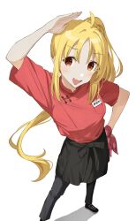 Rule 34 | 1girl, :d, ahoge, arm up, black footwear, black pants, black skirt, blonde hair, blush, bocchi the rock!, breast pocket, commentary request, from above, hand on own hip, highres, ijichi nijika, kanaria hisagi, long hair, name tag, open mouth, pants, pocket, red shirt, shirt, short sleeves, side ponytail, skirt, smile, solo, standing, teeth, tongue, translation request, upper teeth only