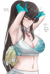 Rule 34 | 1girl, ;|, absurdres, alternate costume, alternate hairstyle, arknights, armpits, arms behind head, arms up, bare shoulders, black hair, blue archive, blue hair, blush, breasts, character name, cheerleader, cleavage, collared shirt, cosplay, crop top, dragon girl, dragon horns, dragon tail, dusk (arknights), english text, from side, hair over one eye, highres, horns, large breasts, looking at viewer, midriff, millennium cheerleader outfit (blue archive), miniskirt, mouth hold, multicolored hair, namikare, navel, pleated skirt, pom pom (cheerleading), ponytail, red eyes, shirt, skirt, sleeveless, sleeveless shirt, slit pupils, solo, star sticker, sticker on face, streaked hair, tail, two-tone hair, tying hair, white shirt