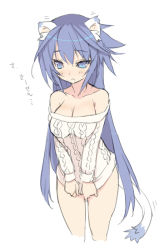Rule 34 | 1girl, animal ears, bad id, bad pixiv id, bare shoulders, blade (galaxist), blue eyes, blue hair, blush, breasts, cat ears, cat tail, cleavage, large breasts, long hair, matching hair/eyes, naked sweater, off-shoulder, off-shoulder sweater, off shoulder, original, simple background, solo, sweater, tail, white background