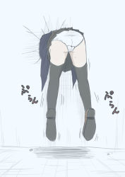 Rule 34 | 1girl, ass, black skirt, black thighhighs, blue background, blue jacket, brown footwear, cameltoe, from behind, hanging, have to pee, jacket, kantai collection, legs apart, lower body, panties, pantyshot, pleated skirt, satsuki (kancolle), school uniform, shoes, simple background, skirt, solo, stuck, text focus, thighhighs, through wall, translation request, trembling, underwear, upskirt, white panties, zerotsuu