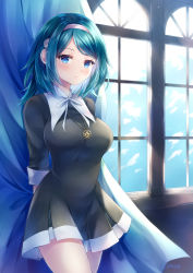 Rule 34 | 1girl, aqua hair, ayame (norie11), black dress, blue eyes, bow, breasts, closed mouth, cowboy shot, curtains, dress, expressionless, glowing, hair intakes, hairband, highres, jewelry, large breasts, light blush, looking at viewer, medium hair, necklace, original, parted bangs, signature, solo, standing, white bow, window