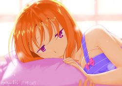 Rule 34 | 10s, 1girl, 2017, :t, bare shoulders, bow, breasts, collarbone, dated, half-closed eyes, highres, large breasts, looking at viewer, love live!, love live! sunshine!!, lying, on side, orange hair, overalls, pillow, poligon (046), purple eyes, sleepy, solo, striped, takami chika, twitter username, waking up, window