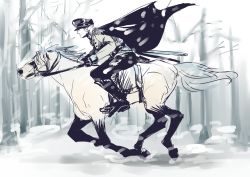 Rule 34 | 1boy, alternate costume, belt, boots, cape, earrings, forest, hat, horse, jewelry, male focus, nature, one piece, riding, roronoa zoro, running, saddle, sheath, sheathed, snow, solo