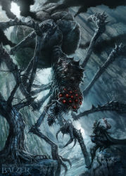 Rule 34 | armor, bag, black cape, boots, cape, chasm, commentary, crown, english commentary, full armor, giant, giant monster, giant spider, helge c. balzer, highres, holding, holding bag, horror (theme), tolkien&#039;s legendarium, armored boots, morgoth, the silmarillion, ungoliant