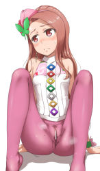 Rule 34 | 1girl, arm support, bare shoulders, brown eyes, brown hair, censored, crotch seam, earrings, embarrassed, hair ornament, hairband, highres, idolmaster, idolmaster (classic), jewelry, long hair, looking away, minase iori, nanairo button (costume), no panties, no shoes, pantyhose, pee, peeing, peeing self, petite, pink pantyhose, simple background, sitting, sleeveless, solo, sweat, ttomm, white background, wrist cuffs