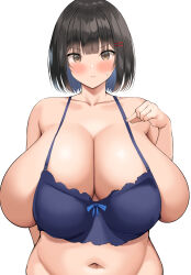 Rule 34 | 1girl, :t, absurdres, blush, borrowed character, bra, breasts, brown eyes, brown hair, cleavage, collarbone, commentary request, dawn (chomikuplus), groin, hair ornament, hairclip, highres, huge breasts, looking at viewer, navel, neneneji, original, pout, short hair, simple background, solo, sweatdrop, underwear, white background