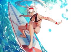 Rule 34 | 1girl, animal ears, bare shoulders, bikini, black bikini, blue eyes, body markings, breasts, caenis (fate), caenis (swimsuit rider) (fate), caenis (swimsuit rider) (first ascension) (fate), cleavage, commentary request, fate/grand order, fate (series), hairband, highres, large breasts, long hair, looking at viewer, navel, sakuramochi1003, smile, solo, surfboard, surfing, swimsuit, thighs, white hair