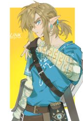 Rule 34 | 1boy, armor, belt, black gloves, blonde hair, blue eyes, blush, brown belt, character name, earrings, fingerless gloves, gloves, hair between eyes, highres, inuyama (inuhill), jewelry, link, male focus, nintendo, parted lips, pointy ears, ponytail, sheath, sheikah slate, shield, shield on back, simple background, solo, sweat, the legend of zelda, the legend of zelda: breath of the wild, tunic, twitter username, two-tone background, upper body